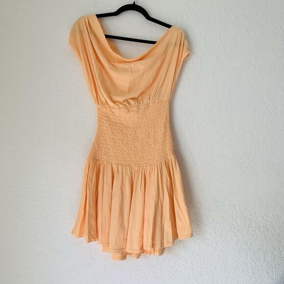 Free People Mini Dress M Apricot Orange Pastel Off Shoulder Smocked Beach Boho - Picture 3 of 10